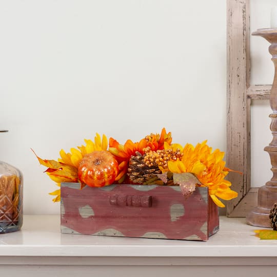 14" Autumn Harvest Maple Leaf & Berry Arrangement in Wooden Box